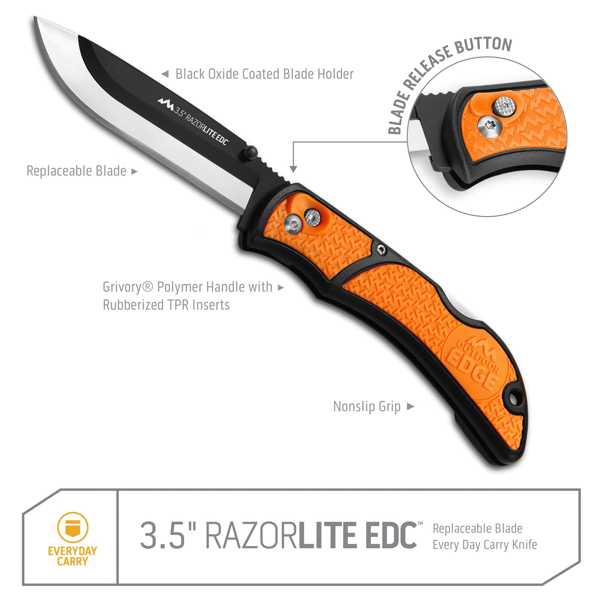 FRITZMANN Outdoor Edge Razor Lite Knife with black handle and stainless steel blade, ideal for outdoor and camping use