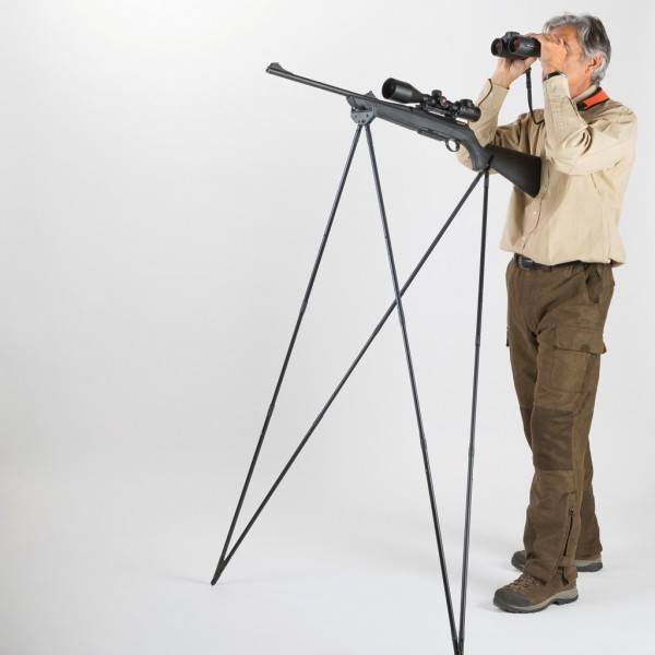 GMK Bush Stick Adjustable Rifle Rest shown with padded adjustable support and sturdy metal construction for firearm stability.