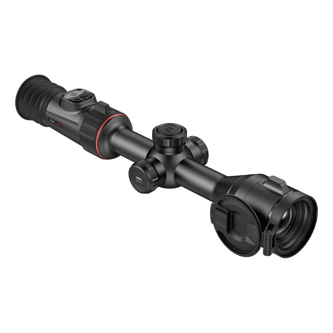 Hawke NocPix ACE L35 thermal rifle scope with 35mm lens, 12um sensor, 384x288 resolution, and ballistic calculation features.