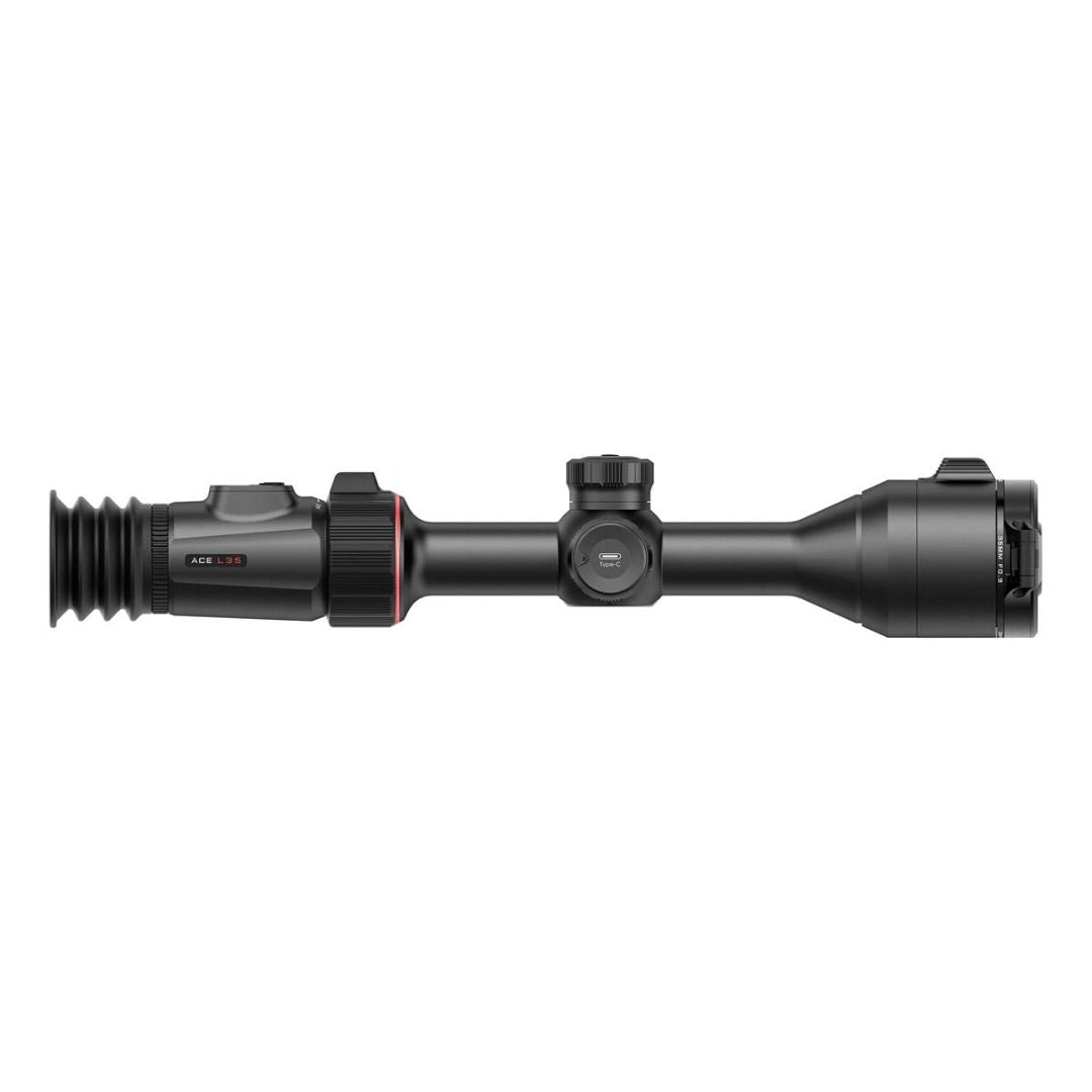 Hawke NocPix ACE L35 thermal rifle scope with 35mm lens, 12um pixels, 384x288 resolution, and ballistics calculator.