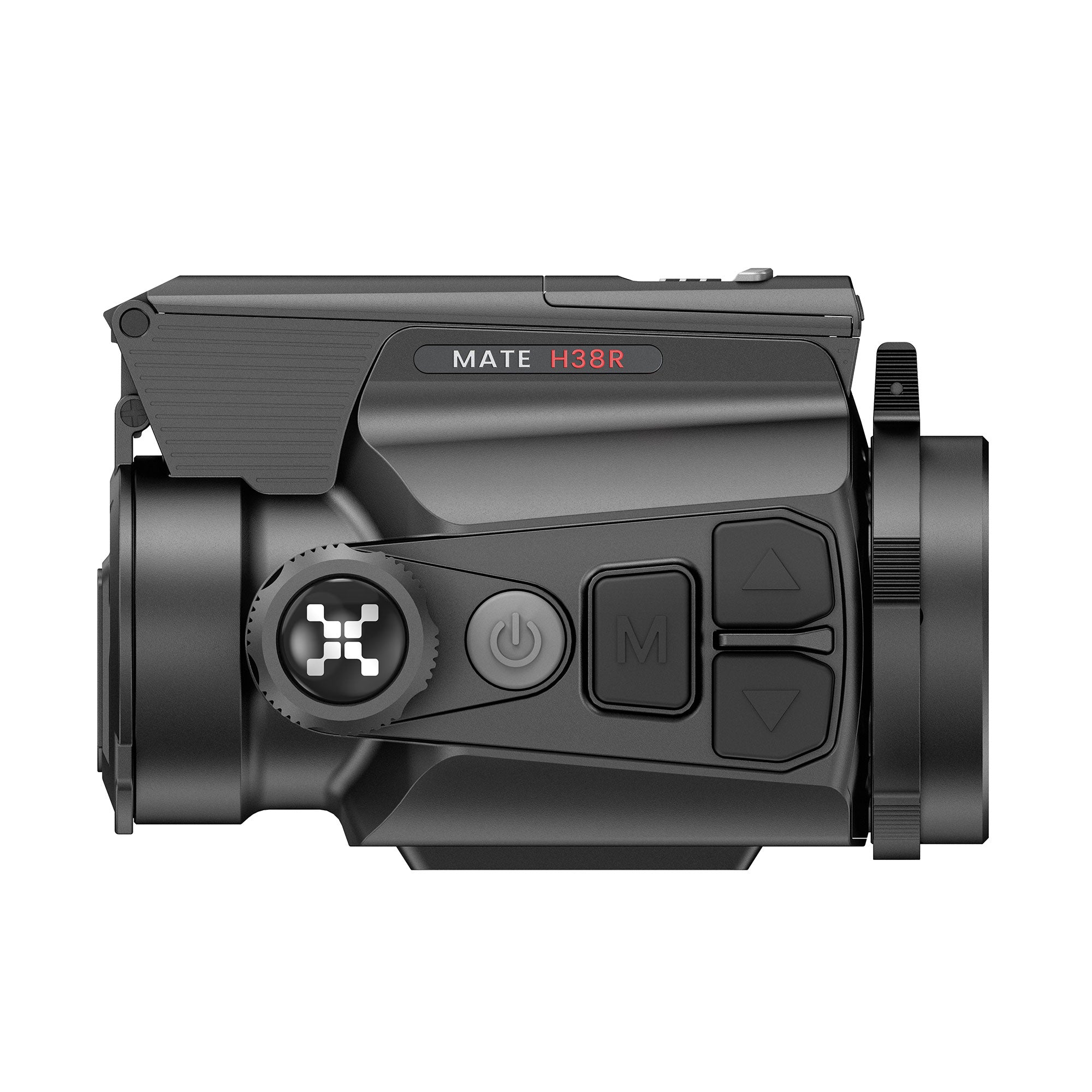 Hawke NocPix MATE H38R thermal clip-on attachment with LRF, 640x512 resolution, 15mK sensitivity, 12um sensor, mounted on a firearm.
