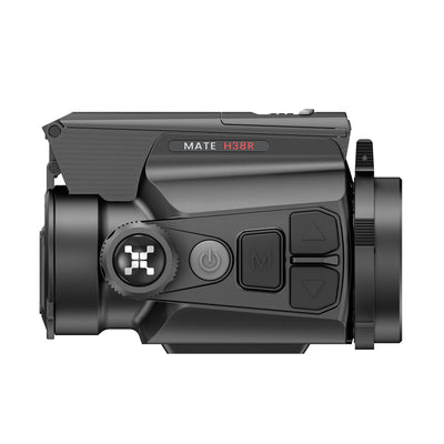 Hawke NocPix MATE H38R thermal clip-on attachment with LRF, 640x512 resolution, 15mK sensitivity, 12um sensor, mounted on a firearm.