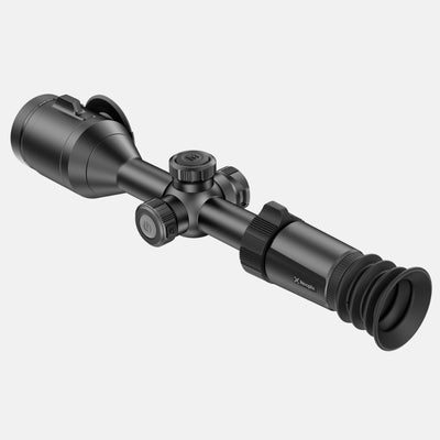 Hawke NocPix NITE D70R 4K digital rifle scope with day and night vision and laser rangefinder, mounted on a rifle.