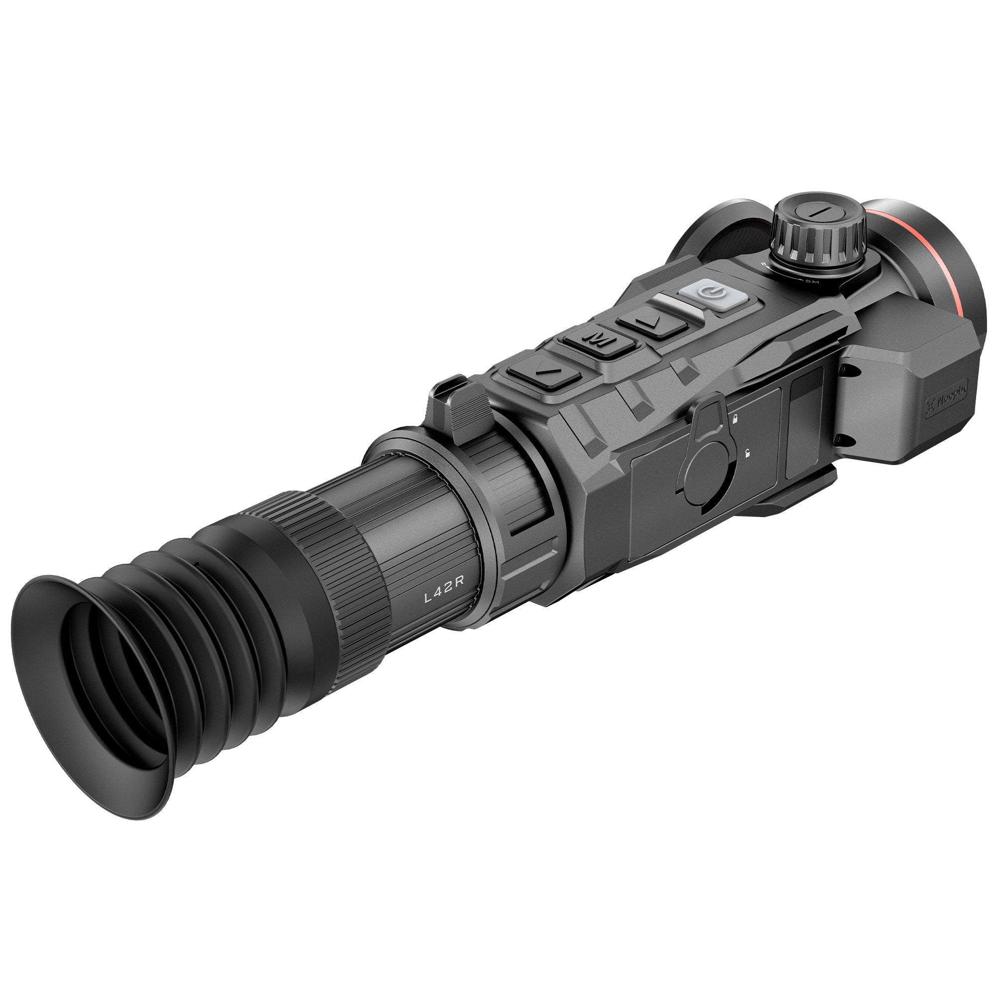 Hawke NocPix RICO2 L42R thermal rifle scope with 42mm lens, LRF, ballistic calculations, 384x288 resolution, and 12um sensor.