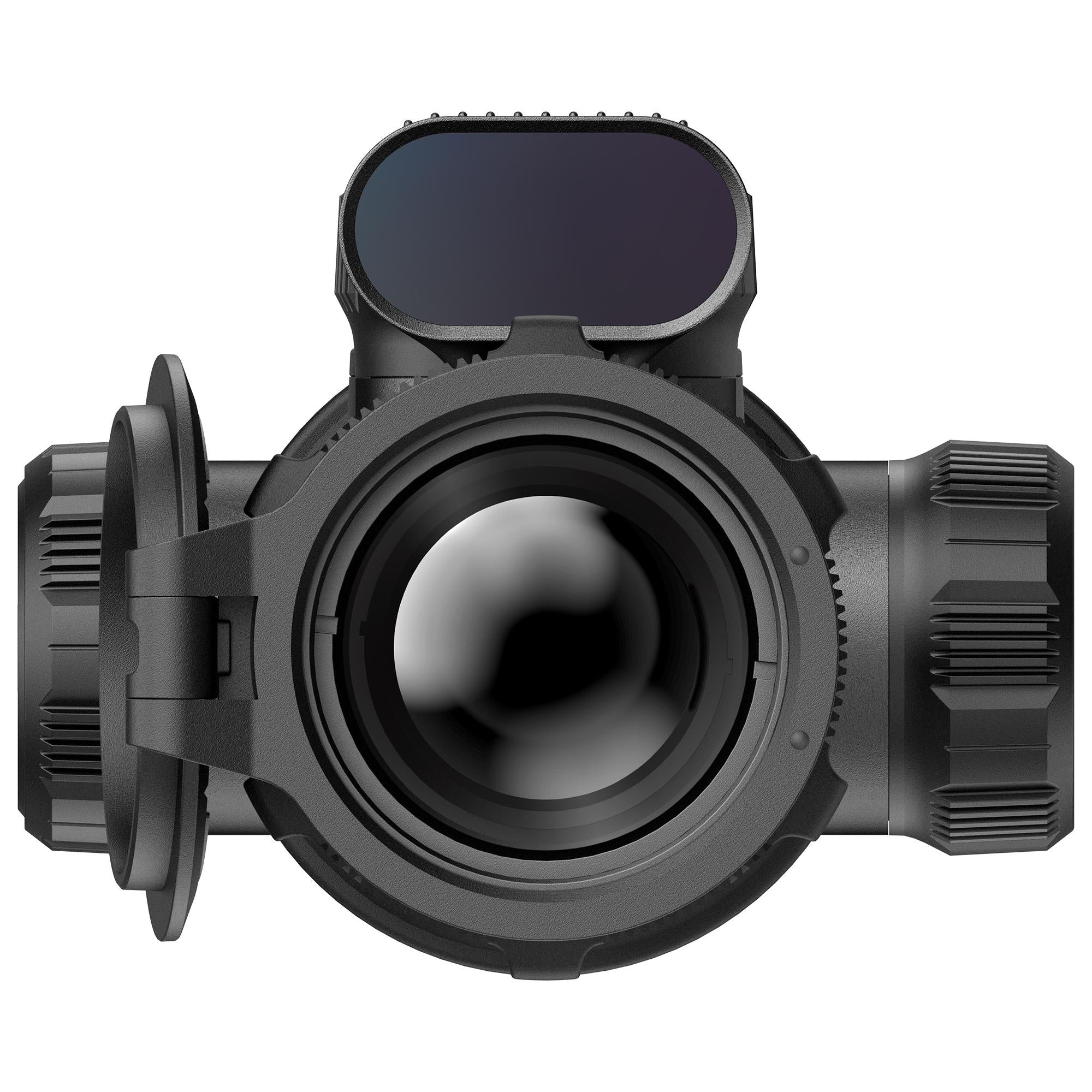 Hawke NocPix Bolt L35R thermal rifle scope with laser rangefinder, black scope with illuminated reticle and adjustment dials.
