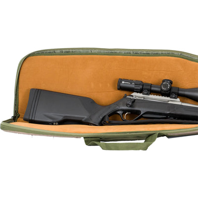 Highland Ridgeline Performance rifle bag in olive and tan with padded compartments and adjustable straps for secure firearm transport.