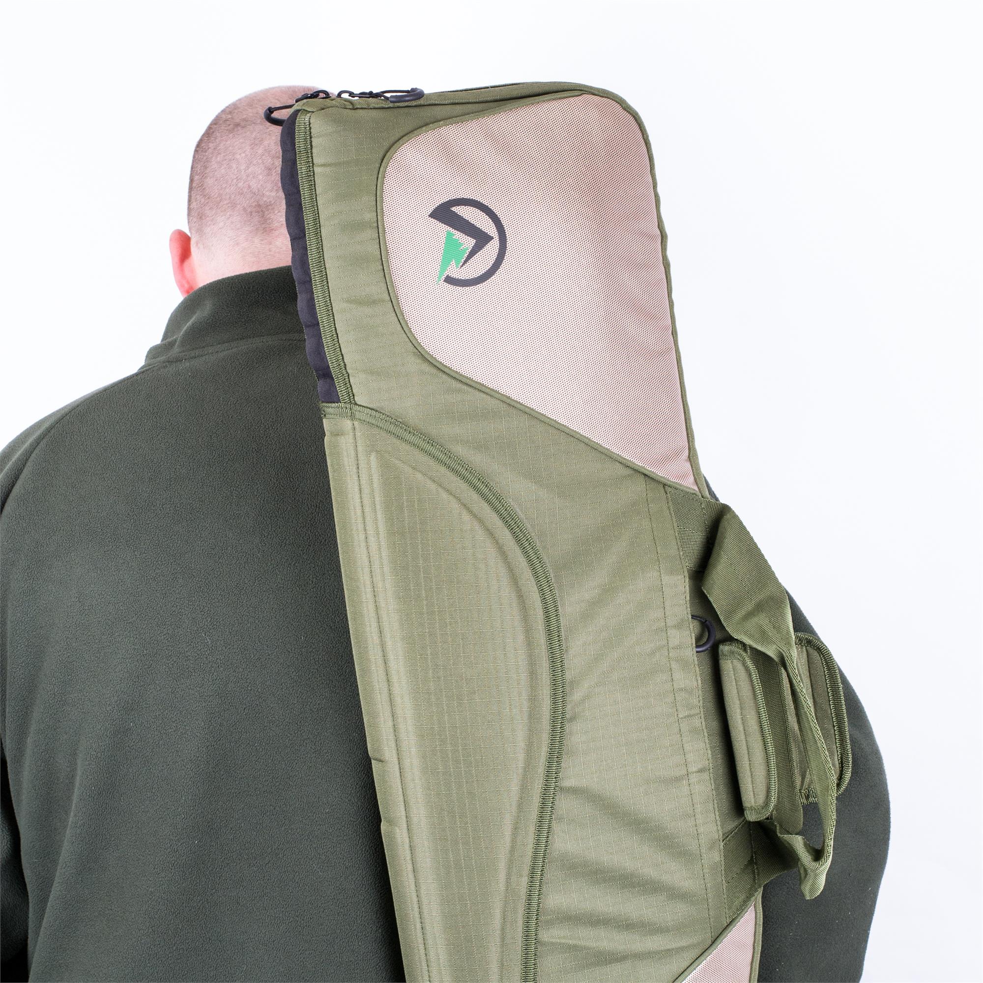 Highland Ridgeline Performance Rifle Bag in olive and tan with multiple compartments and padded strap for firearm transport.