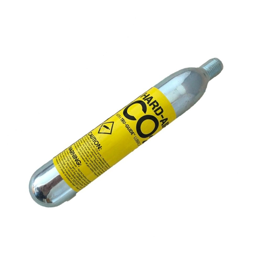 Highland Webley Hard Air CO2 88g cartridge with silver metal exterior and label, designed for air guns and air pistols.