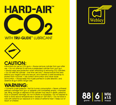 Highland Webley Hard Air CO2 88g cartridge for air guns, with a close-up view of the CO2 cylinder.