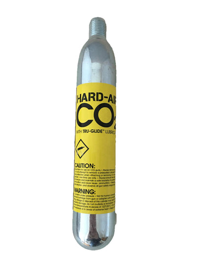 Highland Webley hard air CO2 88g cartridge shown, used for powering airguns and pneumatic equipment.