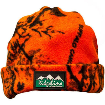 Highland Ridgeline Polar Fleece Beanie in camo pattern, warm fleece hat with blaze camo design for outdoor wear