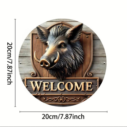 Boar Welcome Round Metal Sign