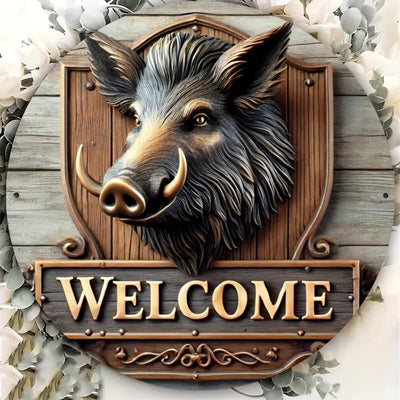 Boar Welcome Round Metal Sign