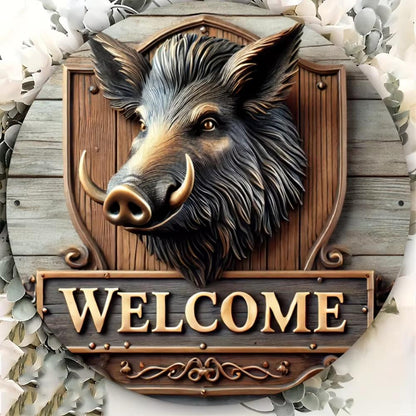 Boar Welcome Round Metal Sign