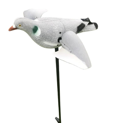 Gray motorised pigeon decoy on a stand with a white background