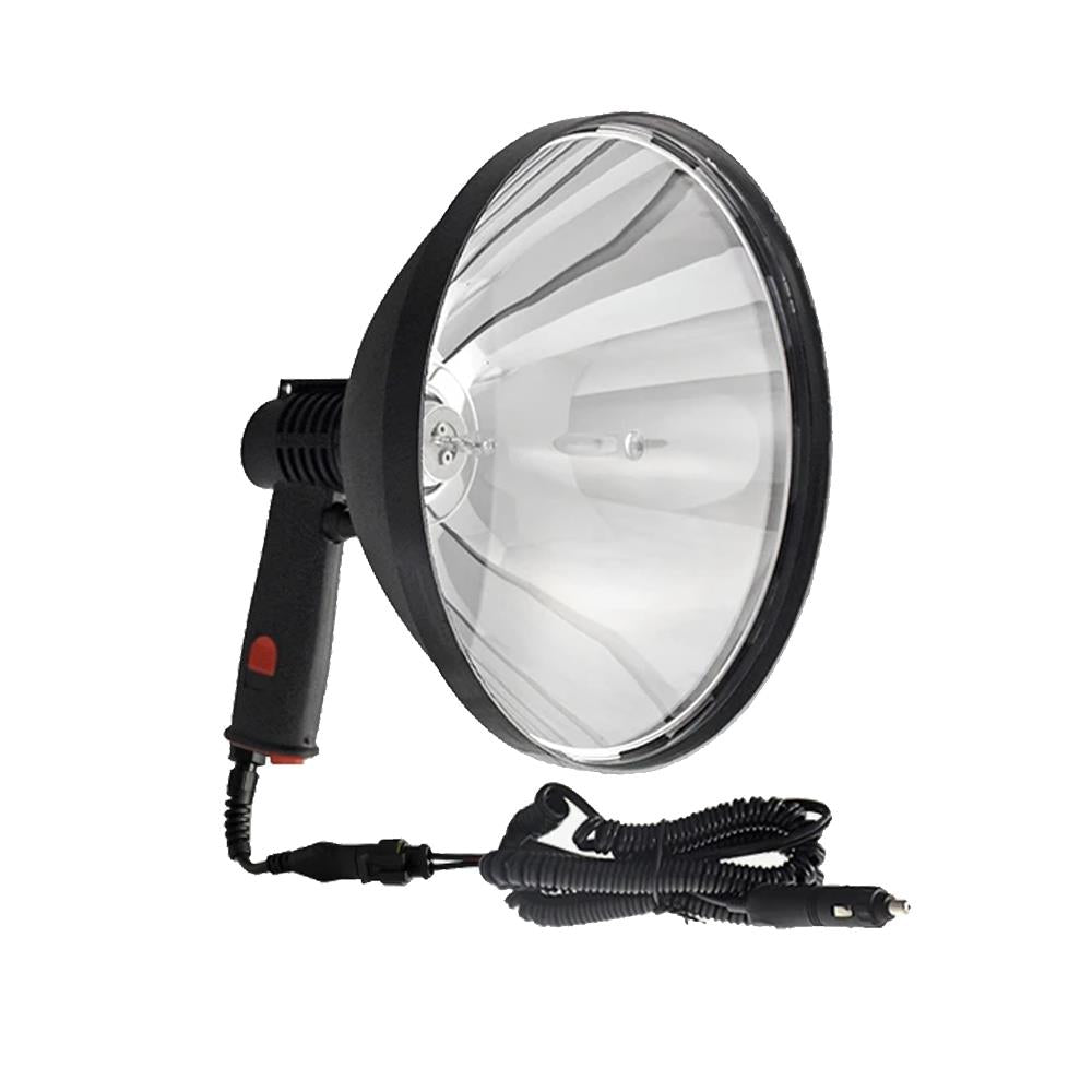 Black and silver searchlight with coiled cord on a white background