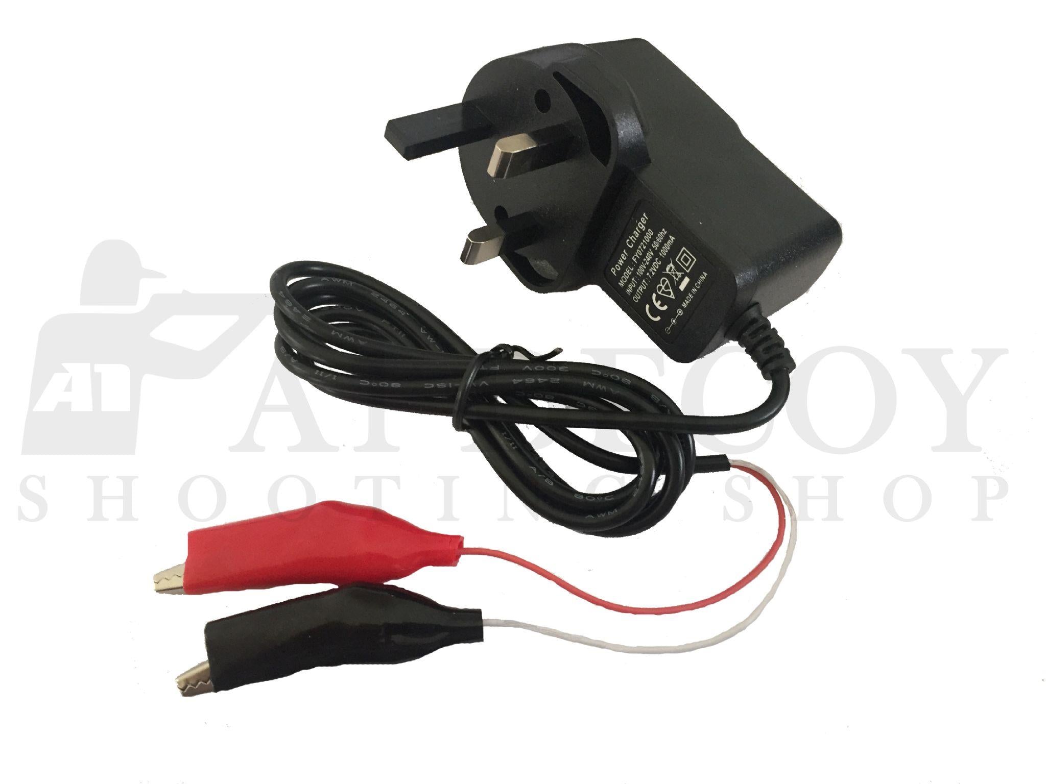 Monica 6V battery charger with croc clip terminals for easy connection to 6-volt batteries.