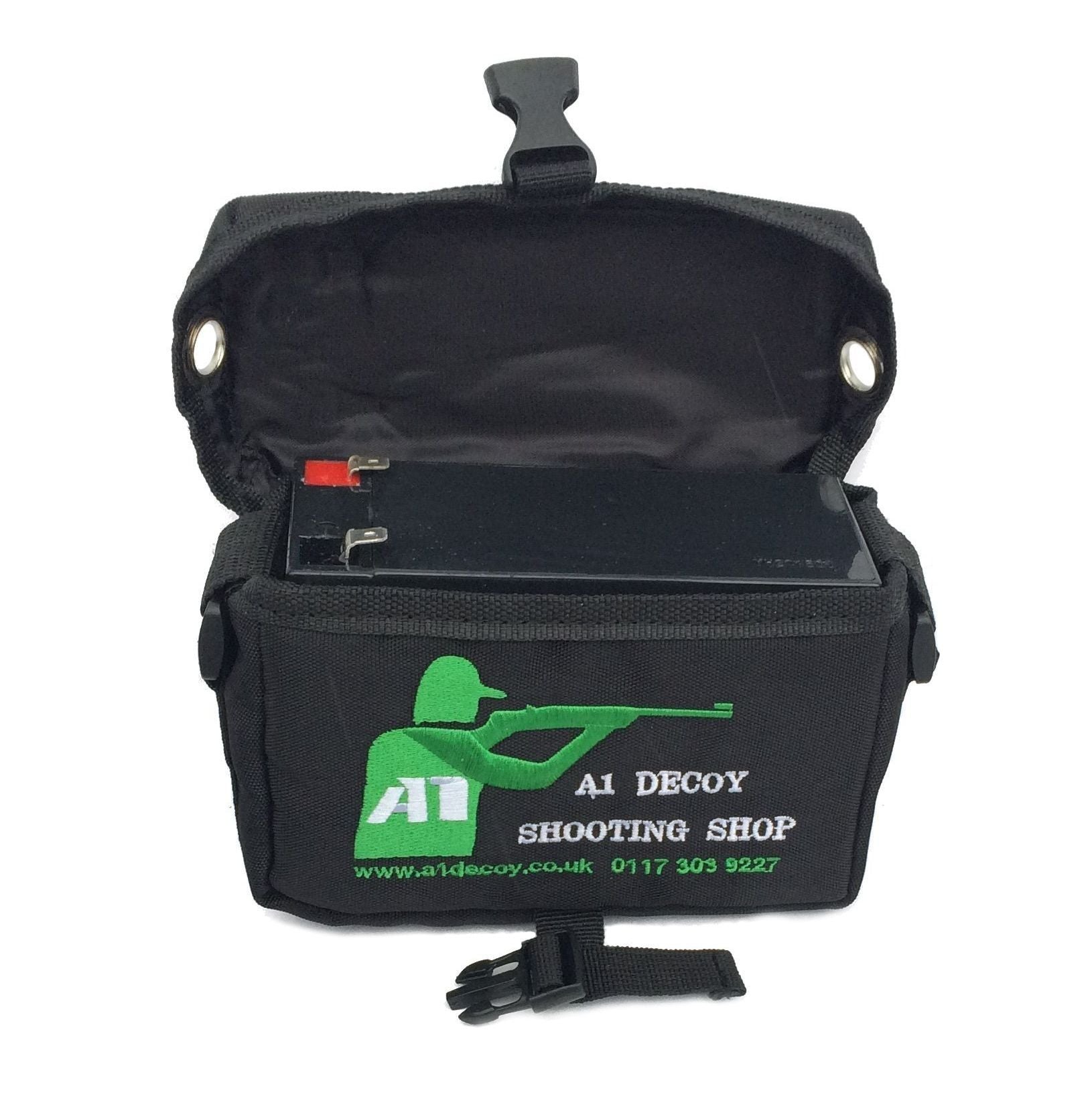 Monica 7/8Ah batteries stored in a black battery bag for easy transport and protection.