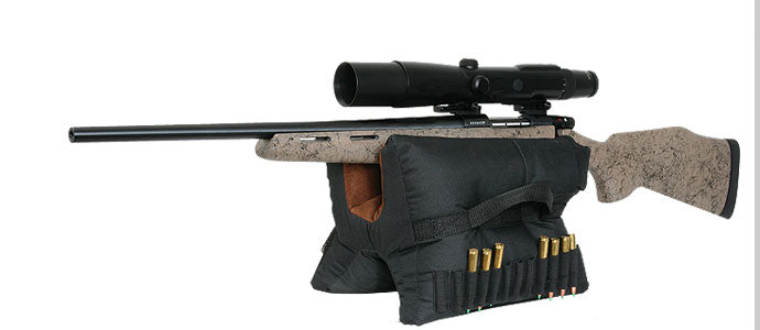 MONICA A1 MEGA Rifle Rest Bag, black padded shooting rest for stable firearm support during shooting practice.