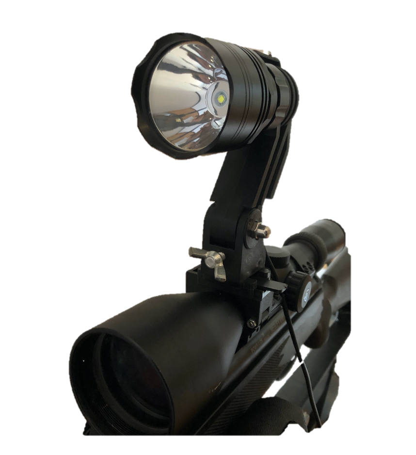 Handheld and scope-mounted LED CREE T6 hunting torch kit by MONICA with bright adjustable beam for outdoor use.