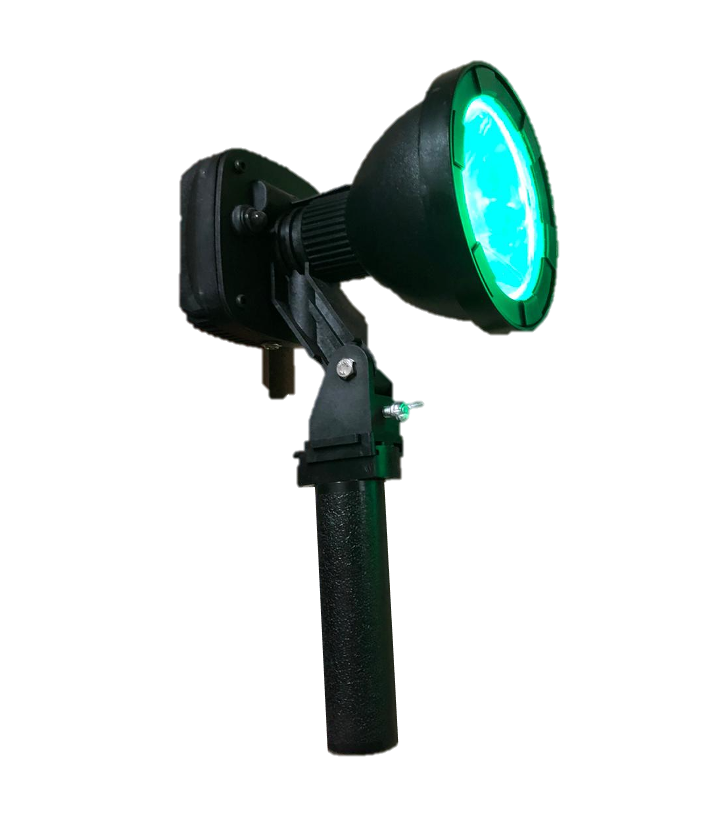LED green scope mounted hunting lamp by Monica, 125mm for wild boar hunting, with adjustable focus and durable design.