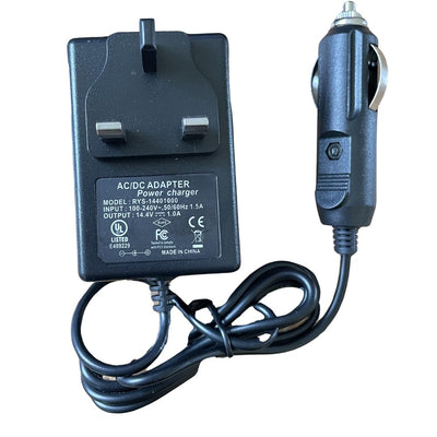 MONICA 12V battery charger with car plug, compact device for charging vehicle batteries, shown with power and car plug connectors.