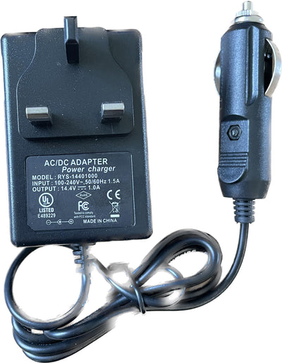 MONICA 12V battery charger with car plug, compact device for charging vehicle batteries, shown with power cord and car plug connection.