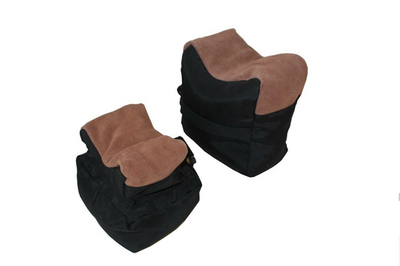 Two-piece rifle rest bench bag by Monica, padded and adjustable for stability during shooting or hunting activities.