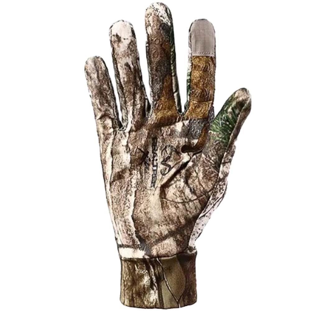 Monica Realtree camouflage shooting gloves with reinforced palms and adjustable wrist strap for outdoor hunting and shooting.