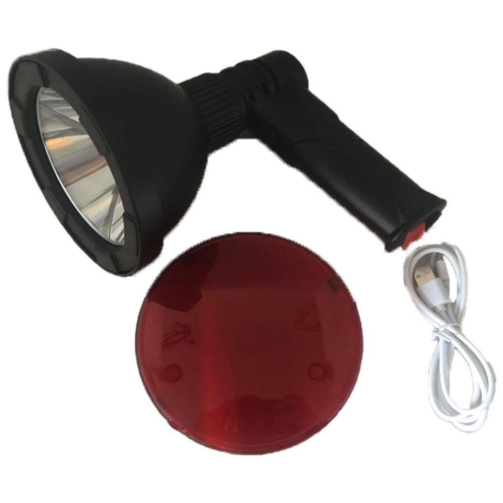 Monica high-powered handheld hunting lamp with red filter, 25W compact Cree LED flashlight for outdoor hunting use.