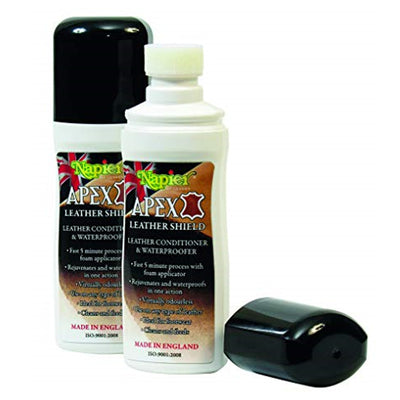 NAPIER Apex Leather Shield Conditioner and Waterproofer bottle, designed to protect and condition leather products.
