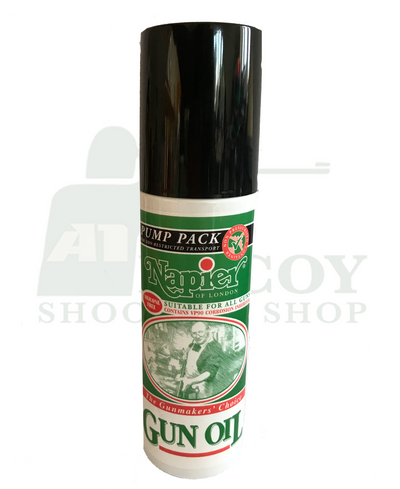 NAPIER Gun Oil 175ml bottle with label, designed for gun maintenance and lubrication, shown in a close-up image.