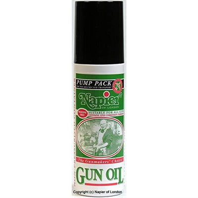 NAPIER Gun Oil 175ml bottle with black cap, designed for lubricating firearms and gun mechanisms.