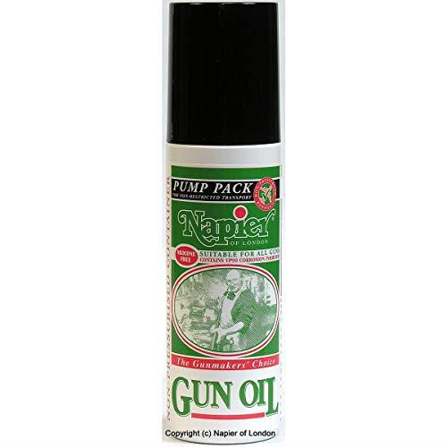 NAPIER Gun Oil 175ml bottle with black cap, designed for lubricating firearms and gun mechanisms.