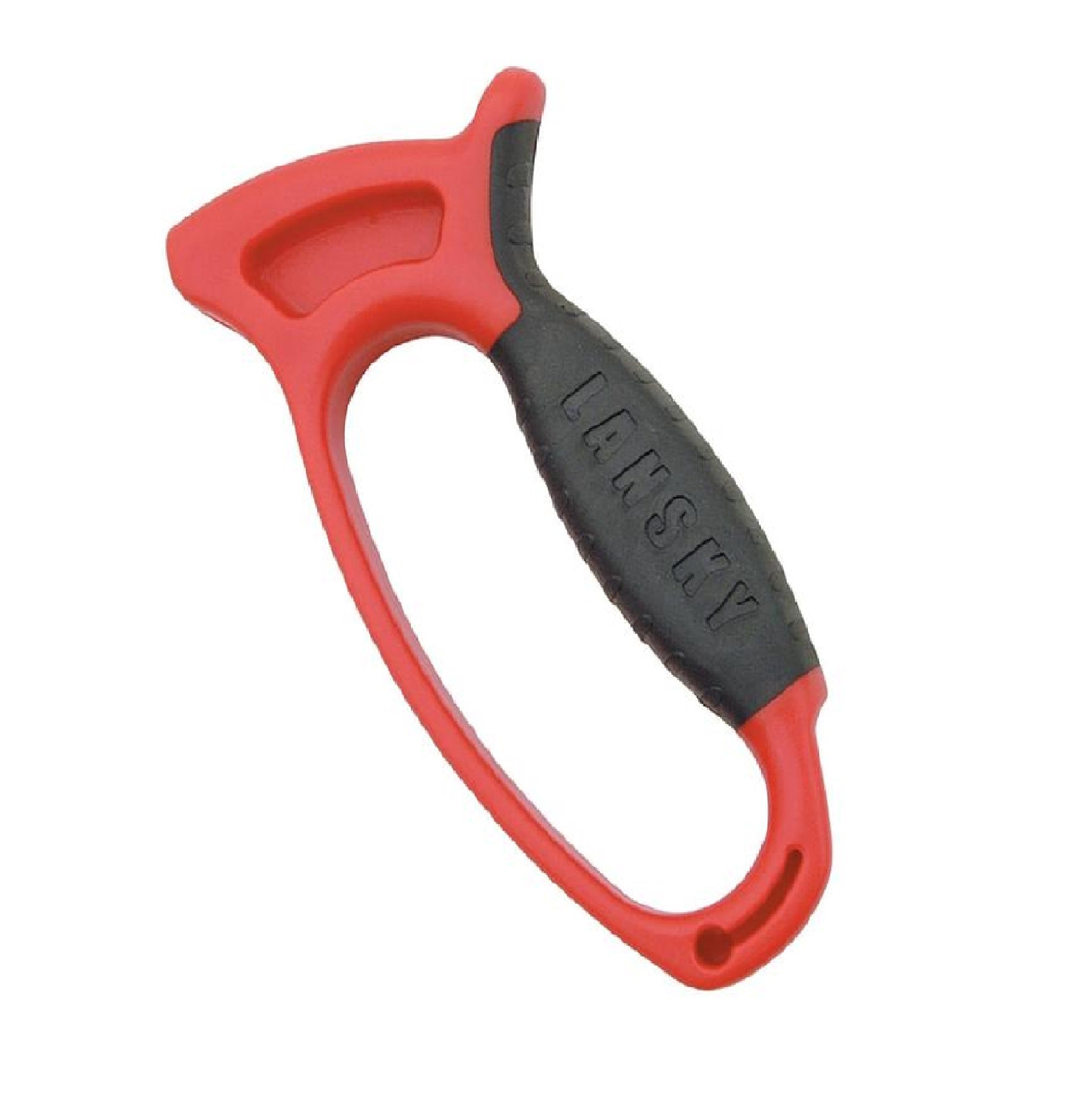 PJS BearArm Lansky Deluxe Quick Edge knife sharpener in red with ergonomic handle and compact design for easy grinding.