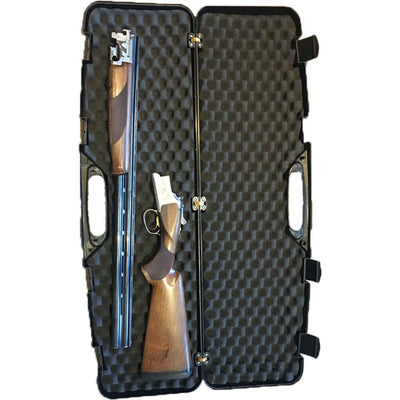 Range shotgun and breakdown rifle hard case, durable black firearm storage case with handle and secure latches.