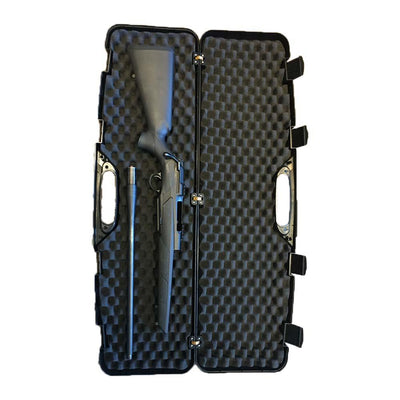 Range shotgun and breakdown rifle hard case showing durable exterior with handle and secure latches for firearm protection