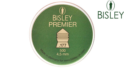 Rothery Bisley pellets for air rifles, 0.22 caliber, shown in a container with pellet details on the packaging.