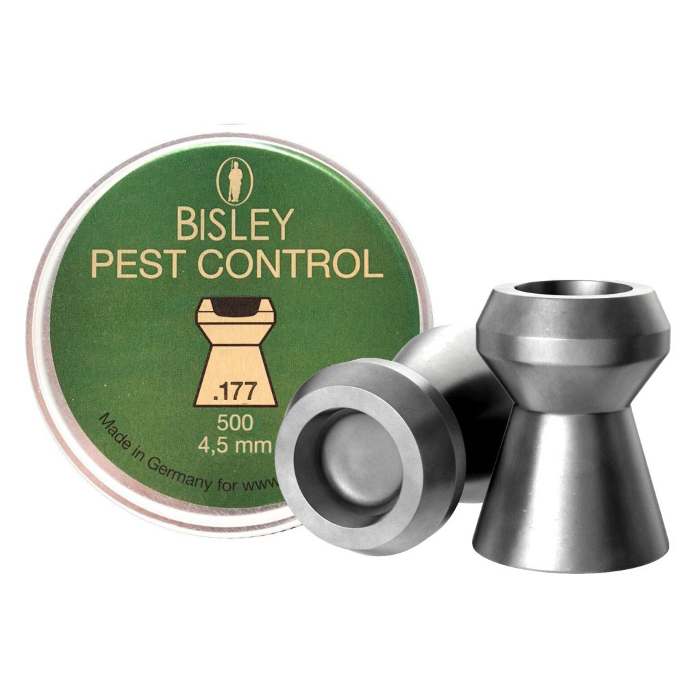 Rothery Bisley Magnum Pellets for air rifles, shown in a container with multiple silver pellets ready for shooting.