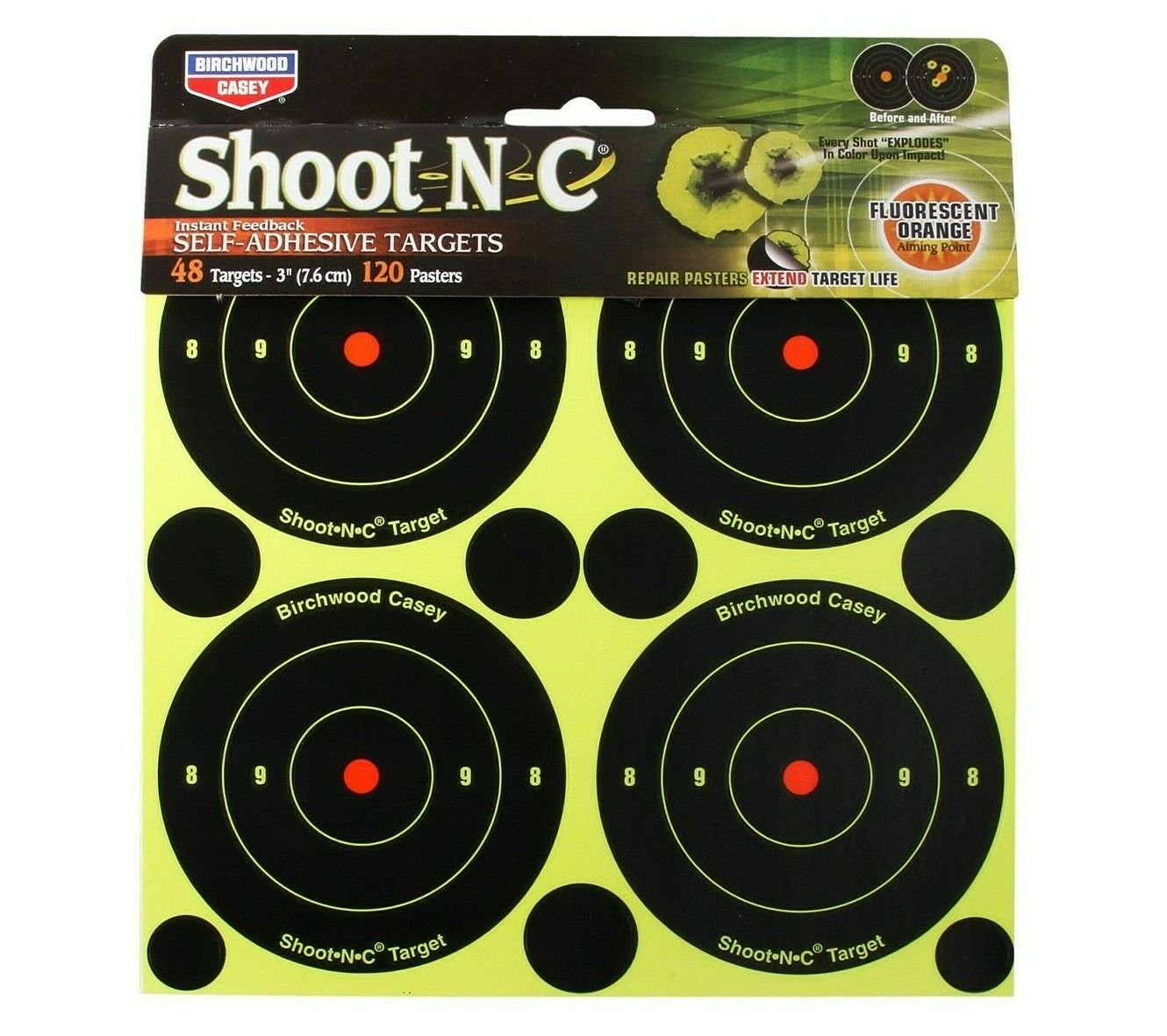 Self-adhesive Birchwood Casey Shoot-N-C targets on a surface, designed for easy outdoor shooting practice, branded by ROTHERY.