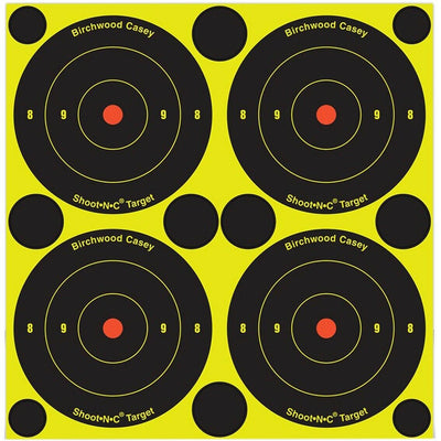 ROTHERY Birchwood Casey Shoot-N-C self-adhesive targets with vibrant bullseyes on paper for shooting practice.