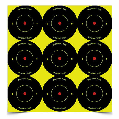 ROTHERY Birchwood Casey Shoot-N-C self-adhesive targets displayed on a surface, featuring vibrant target rings for shooting practice.