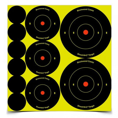 Self-adhesive Birchwood Casey Shoot-N-C targets on a white background, ideal for shooting practice and target shooting activities.