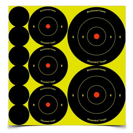 Self-adhesive Birchwood Casey Shoot-N-C targets on a white background, ideal for shooting practice and target shooting activities.