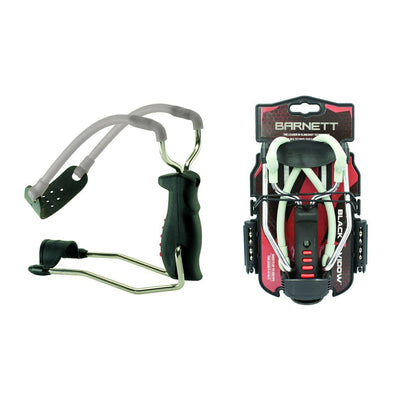 Black Widow slingshot by Rothery with a sturdy frame and rubber bands, designed for precision shooting.