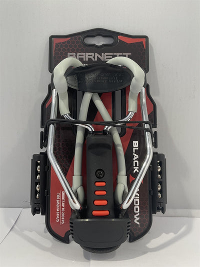 Rothery Barnett Black Widow slingshot with black Y-shaped frame and rubber bands, designed for target shooting and outdoor use.