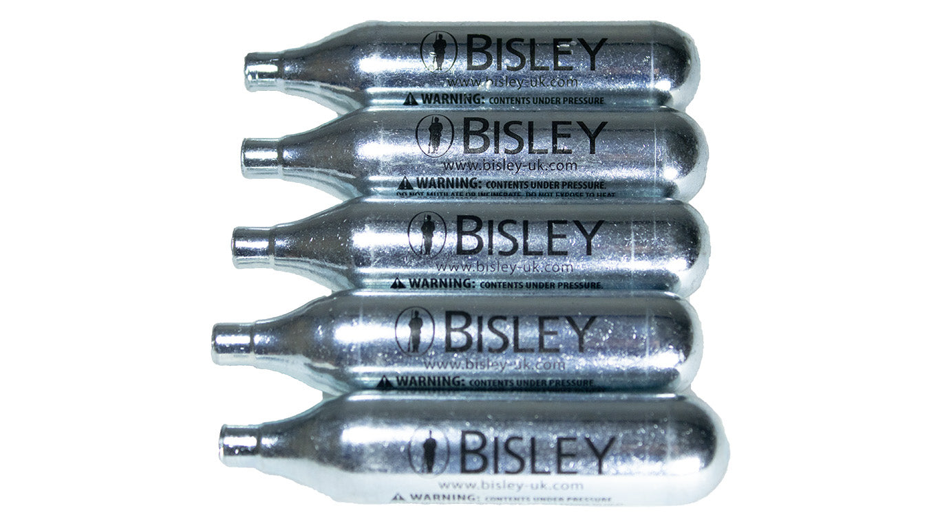Rothery Bisley 12g CO2 capsules for airguns, shown in a clear image with multiple capsules ready for use.