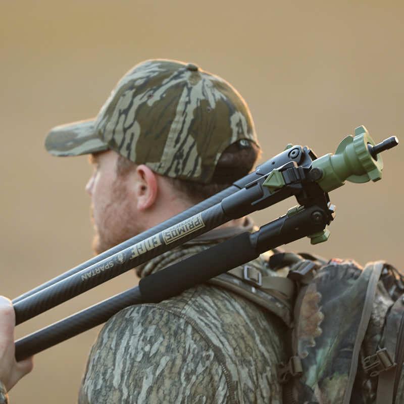 ROTHERY Edge carbon fiber tripod shooting stick by Primos, lightweight and sturdy for outdoor hunting and shooting precision.