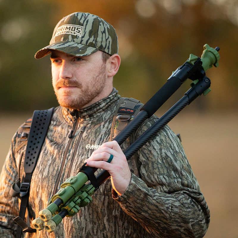 ROTHERY Edge Carbon Fiber Tripod Shooting Stick by Primos, lightweight and sturdy for stable shooting support in outdoor hunting.