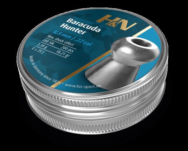 H&N Baracuda .22 caliber pellets by Rothery, displayed in packaging with pellets visible in a transparent container